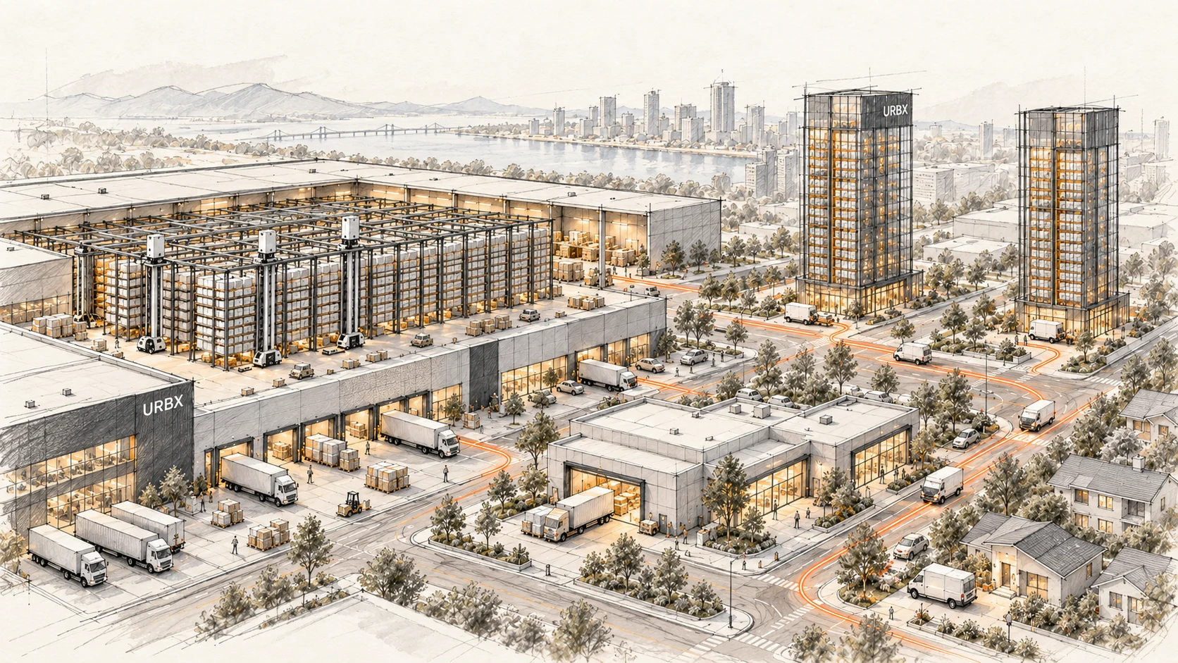 Freehand architectural sketch of a large URBX distribution hub on the left, connected by orange delivery routes to two urban towers, a local fulfillment site and nearby homes.